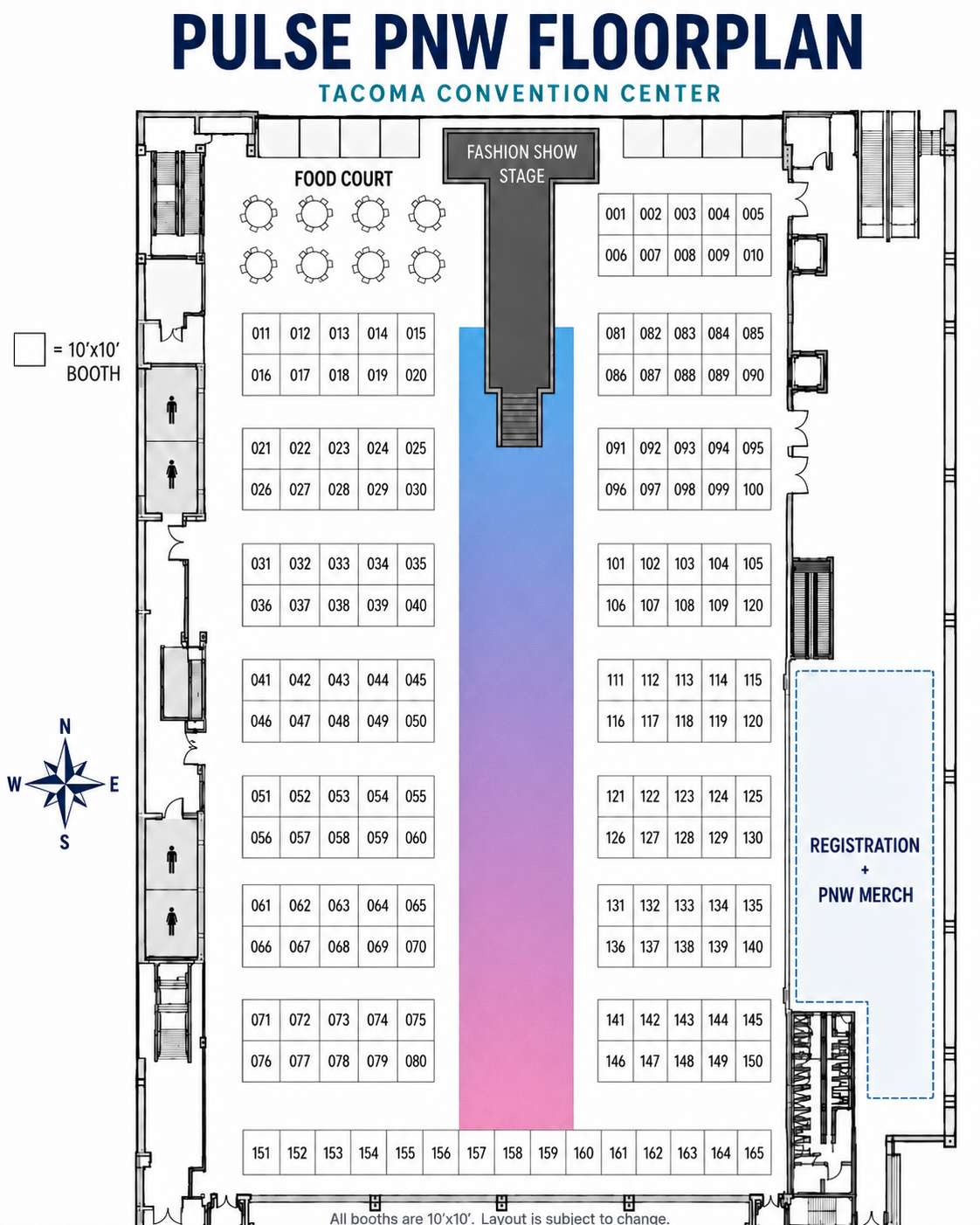 PULSE PNW floorplan of the Tacoma Convention Center, showing 150+ numbered 10x10 booths across 14 zones, the fashion show stage, registration and merch area, and food court.